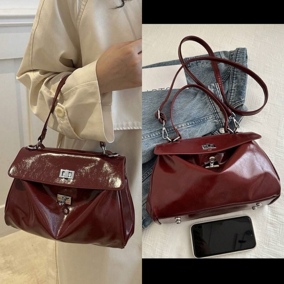 burgundy/maroon twist lock flap closure handbag purse, removable crossbody strap - Picture 1 of 8